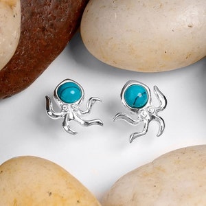 Turquoise Octopus Sterling Silver Stud Earrings: Nautical Jewelry