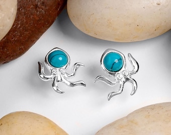 Turquoise Octopus Earrings in Sterling Silver, Octopus Studs, Nautical Gift for Her, Sea Squid, Sea Ocean Lover Gift