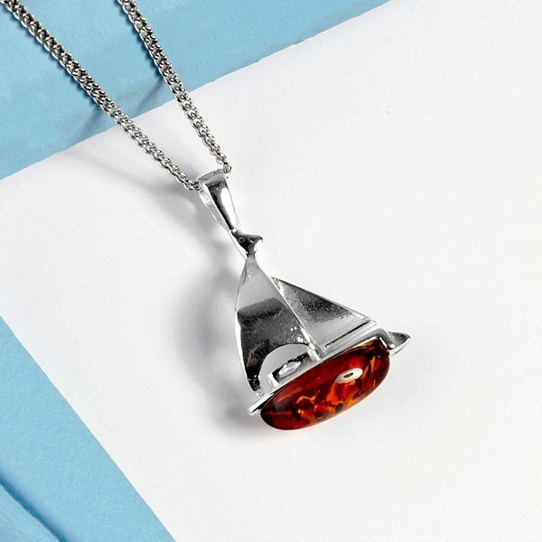Sailboat Necklace in Sterling Silver and Baltic Amber, Yacht Jewelry, Nautical Sailor Gifts, Sailing Spinnaker, Yacht Life Seven Seas