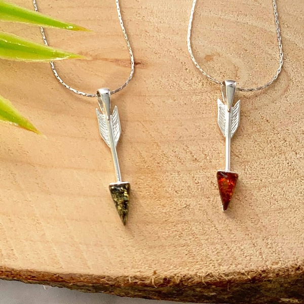 Sterling Silver Arrow Necklace: Baltic Amber Boho Pendant