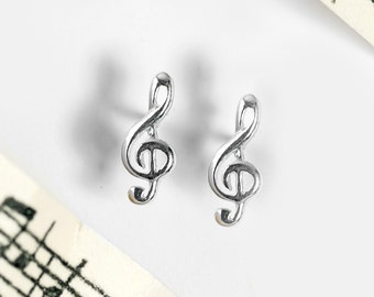 Sterling Silver Treble Clef Earrings, Music Note Earrings, Musical Studs, Jewelry Gift for Music Lover, Women's Jewelry, Gold Music Note