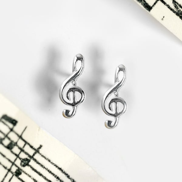 Sterling Silver Treble Clef Earrings, Music Note Earrings, Musical Studs, Jewelry Gift for Music Lover, Women's Jewelry, Gold Music Note