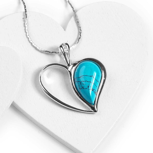 Heart Necklace in Silver and Turquoise, Turquoise Necklace, Gift for Mom, Gift for Her, Mother's Day Gift, Valentines Gift