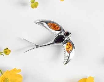 Swallow Brooch in Amber and Silver, Bird Brooch, Bird Pin Jewelry For Women, Nature Inspired Jewellery, Gift For Bird Lover