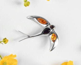 Schwalbe Brosche in Bernstein und Silber, Vogel Brosche, Vogel Pin Schmuck für Frauen, Natur inspiriert Schmuck, Geschenk für Vogel-Liebhaber