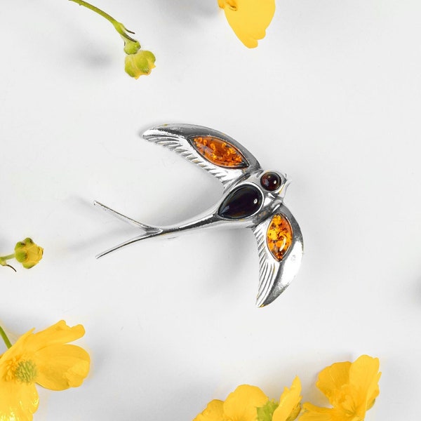 Swallow Brooch in Amber and Silver, Bird Brooch, Bird Pin Jewelry For Women, Nature Inspired Jewellery, Gift For Bird Lover