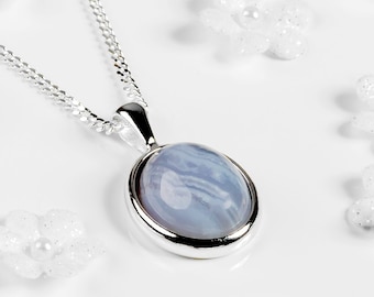 Oval Blaue Spitze Achat Halskette: Sterling Silber beruhigender Schmuck