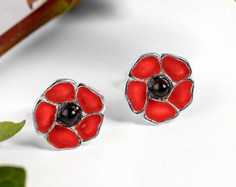 Sterling Silver Poppy Earrings, Red Flower Earrings, Poppy Jewerly, Floral Jewelry, Gift for Mom