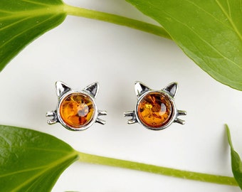 Sterling Silver Cat Stud Earrings in Baltic Amber, Cat Jewelry, Tiny Studs, Minimalist Jewelry, Gift for Cat Lover