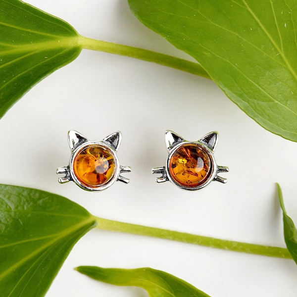 Sterling Silver Cat Stud Earrings in Baltic Amber, Cat Jewelry, Tiny Studs, Minimalist Jewelry, Gift for Cat Lover