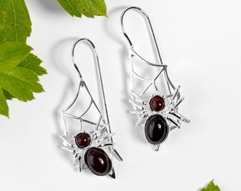 Spider Earrings in Sterling Silver and Baltic Amber, Black Spider Jewelry, Halloween Earrings, Insect Jewelry, Goth Earrings