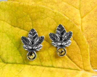Sterling Silver Sycamore Leaf Earrings, in Green Amber Silver Leaf Earrings, Leaf Jewelry, Leaf Studs,  Minimal Studs, Boho Earrings