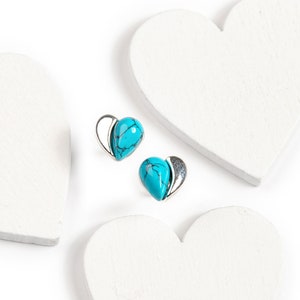 Sterling Silver and Turquoise Heart Earrings , Tiny Minimal Heart Stud Earrings, Valentine's Day Jewellery, Gift for Her