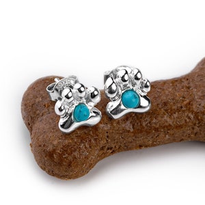 Paw Print Earrings in Turquoise Sterling Silver, Paw Print Studs, Paw Print Jewelry, Dog Lover Gift, Cat Lover Gift