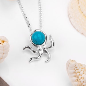 Octopus Necklace in 925 Sterling Silver and Turquoise, Octopus Pendant, Nautical Gift for Ladies, Sea Squid Jewelry