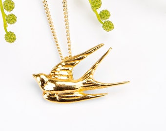 Collier Hirondelle en argent sterling : Pendentif oiseau plaqué or 24 carats