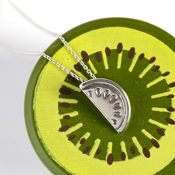 Sterling Silver Watermelon Necklace, Silver Fruit Jewerly, Kiwi Necklace, Watermelon Slice Pendant, Summer Necklace, Minimalist Jewelry