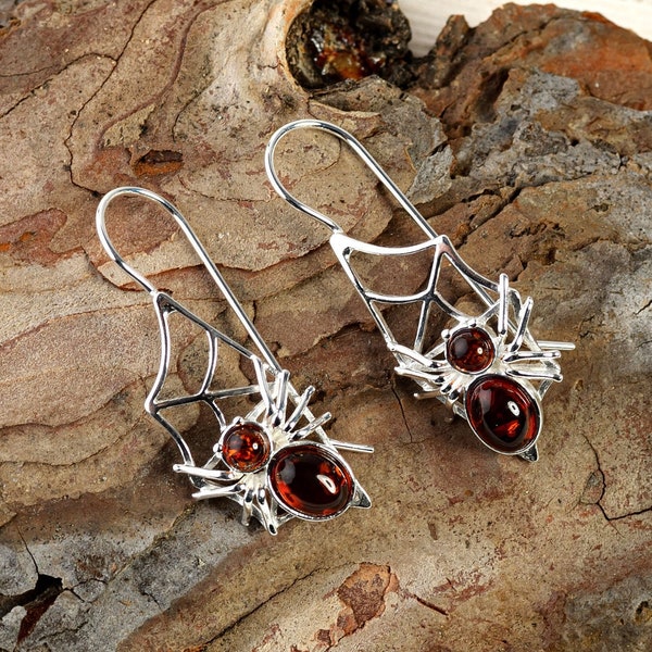 Spider Earrings in Sterling Silver and Amber, Statement Spider Jewelry, Halloween Earrings, Insect Jewelry, Goth Earrings