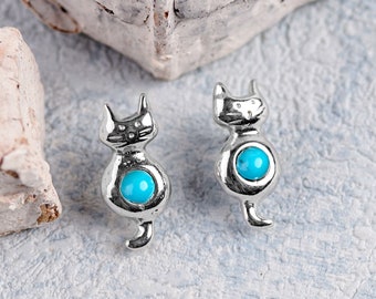 Sterling Silver Cat Earrings in Turquoise, Cat Studs, Silver Cat Jewelry, Gift for Cat Lovers, Gift for Mom, Simple Studs