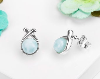 Natural Larimar and Sterling Silver Stud Earrings, Larimar Jewelry, Kiss Earrings, Birthstone Gift, Classic Earrings