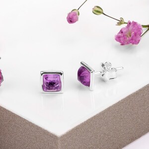 Sterling Silver Amethyst Square Stud Earrings: Minimalist Boho Jewelry