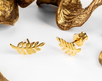 Minimal Fern Earrings in Sterling Silver and 24ct Gold Plate, Leaf Earrings, Fern Stud Earrings, Tiny Studs, Botanical Jewelry, Gold Leaf