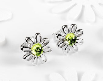 Sterling Silver Daisy Earrings: Peridot Flower Jewelry