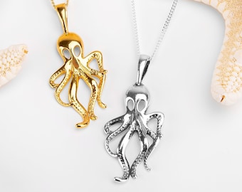 Octopus ketting in sterling zilver en 24ct gouden plaat, Octopus sieraden, nautische cadeau, zee oceaan minnaar cadeau, zee inktvis, nautische sieraden