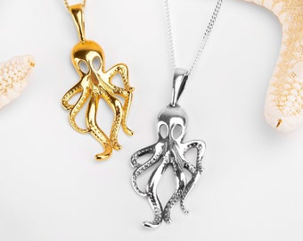 Sterling Silver Octopus Necklace: 24ct Gold Plated Nautical Jewelry