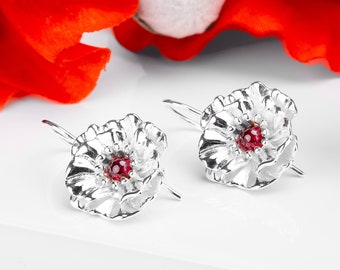 925 Sterling Silver and Garnet Poppy Earrings, Red Flower Earrings, Floral Jewelry, Gift for Mom, Poppy Gifts, Remembrance Day Gifts