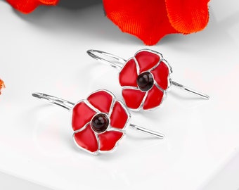 Sterling Silver Poppy Hook Earrings, Red Flower Earrings, Floral Jewelry, Remembrance Gift, Gift for Mom, Boho Style