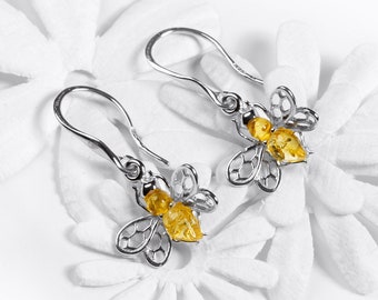 Honey Bee Earrings in 925 Sterling Silver and Amber, Silver and Amber Bee Jewelry, Bumble Bee Earrings, Save the Bees Jewelry, Gift for Her