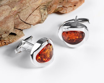 Luxury Sterling Silver Cufflinks, Baltic Amber Silver Cuff Links, Chunky Solid Silver Statement Cufflinks, Gift for Dad, Wedding Present