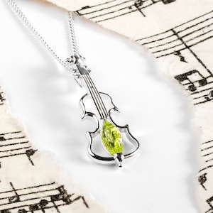 Sterling Silver Violin Necklace in Peridot, Music Necklace, Music Gift, Music Teacher Gift, Violin Gift, Boho Necklace