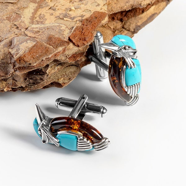 Kingfisher Cufflinks in Sterling Silver and Turquoise, Bird Cufflinks, Jewelry For Men, Wedding Gift For Him, Unique Accessories