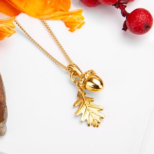 Acorn and Oak Leaf Necklace in Solid 925 Sterling Silver with 24ct Gold Plate, Woodland Jewelry, Nature Gift, Acorn Necklace, Acorn Gift
