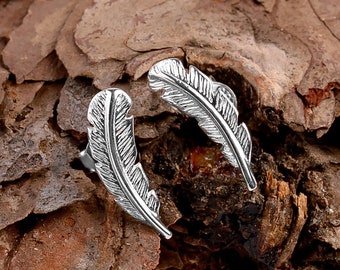 Sterling Silver Feather Studs: Dainty Boho Earrings
