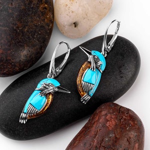 Native America Jewelry, Sterling Silver Bird Earrings, Kingfisher Earrings, Southwest Style, Bird Lover Gift, Gift for Her