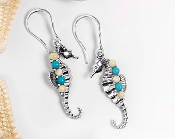 Silver Seahorse Earrings - Turquoise Seahorse Earrings - Silver Seahorse Jewelry - Nautical Gift for Ladies