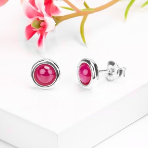 Ruby and Sterling Silver Stud Earrings, Ruby Earrings, Ruby Jewelry, Pink Minimal Earrings, Boho Jewelry, July Birthstone Gift