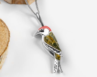 Small Woodpecker Necklace in Sterling Silver and Amber, Bird Necklace, Bird Jewelry, Bird Lover Gift