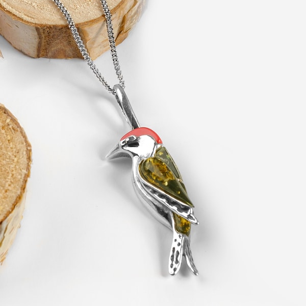 Collier petit pic en argent sterling et ambre, collier oiseau, bijoux oiseau, cadeau pour amoureux des oiseaux