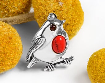 Silver Robin Brooch: Coral Breast, Amber Eye, Bird Lover Pin