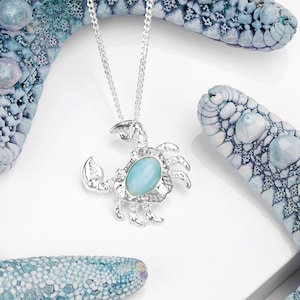 Sterling Silver Crab Necklace in Natural Larimar, Crab Charm, Beach Ocean Sea Holiday Summer Necklace, Nautical Jewelry, Ocean Lover Gift