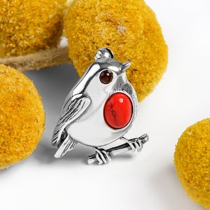 Silver Robin Brooch: Coral Breast, Amber Eye, Bird Lover Pin