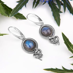 Boucles d&#39;oreilles pendantes serpent en argent sterling et labradorite, bijoux serpent, bijoux reptile, cadeaux serpent, cadeau meilleur ami