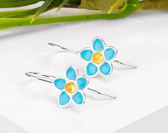 Forget Me Not Earrings in Sterling Silver, Flower Earrings, Hand Painted Earrings, Hand Made Earrings, Minimal Jewelry, Gift for Women