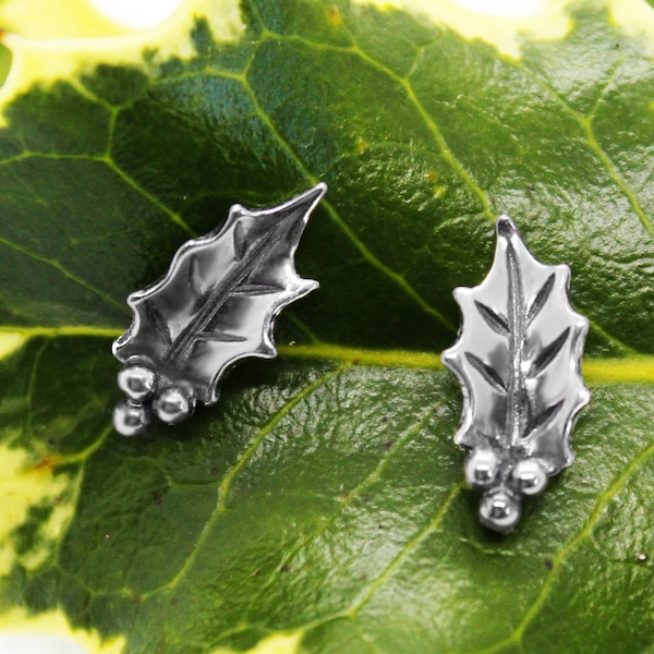 925 Sterling Silver Holly Earrings, Holly Leaf Earrings, Christmas Jewelry, Christmas Earrings, Holly Studs, Christmas Gifts, Festive Studs