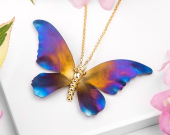 Titanium Butterfly Necklace with Sterling Silver and 24ct Gold Plate, Insect Necklace, Boho Butterfly Jewelry, Butterfly Gifts