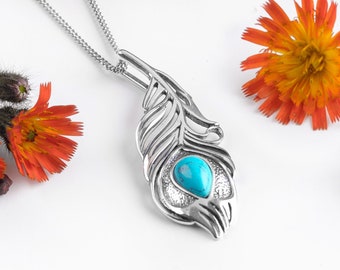 Turquoise and Solid Sterling Silver Peacock Feather Necklace, Statement Necklace, Gift for Her